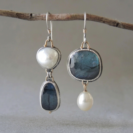 Luna | Asymmetrische Oorbellen met Parel en Natuursteen