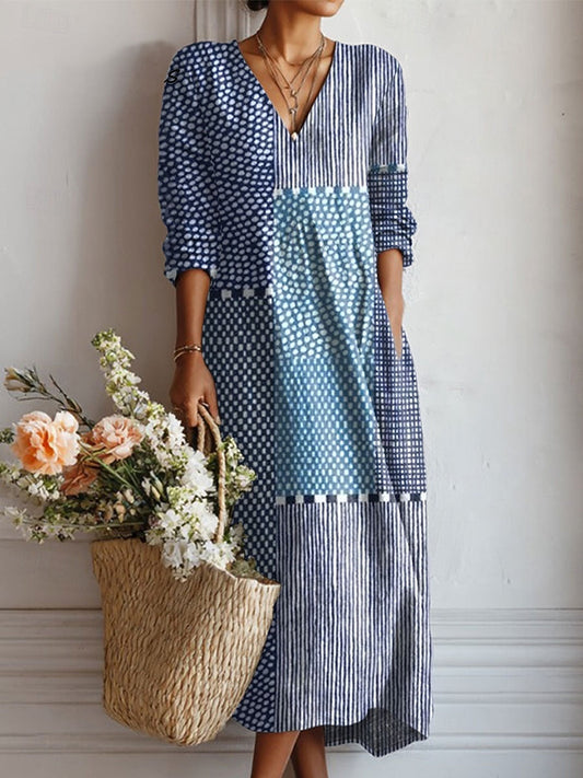 Donna | Maxi-jurk met Patchwork-dessin en V-hals